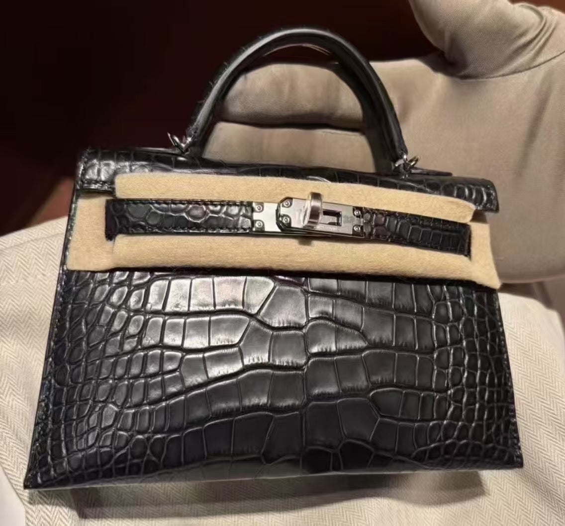 Hermès Mini Kelly II Crocodile/Black Matte Alligator with Palladium Hardware