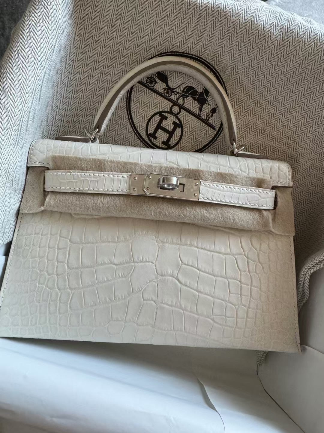 Hermès Mini Kelly II in Boreal Satine Nata Alligator with Palladium Hardware (K Stamp)